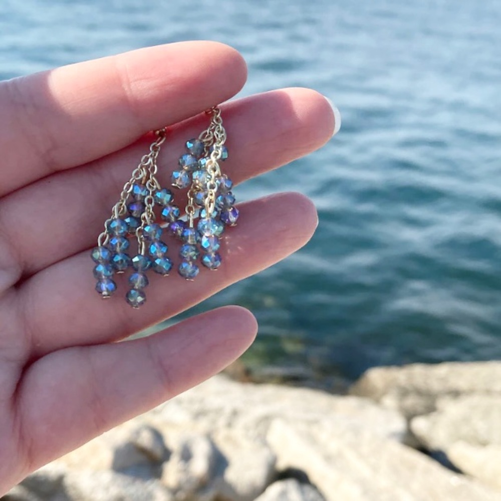 Blue Crystal Dangle Drop Earrings, Gold Plated. Hand Made at Cornerstone Jewels